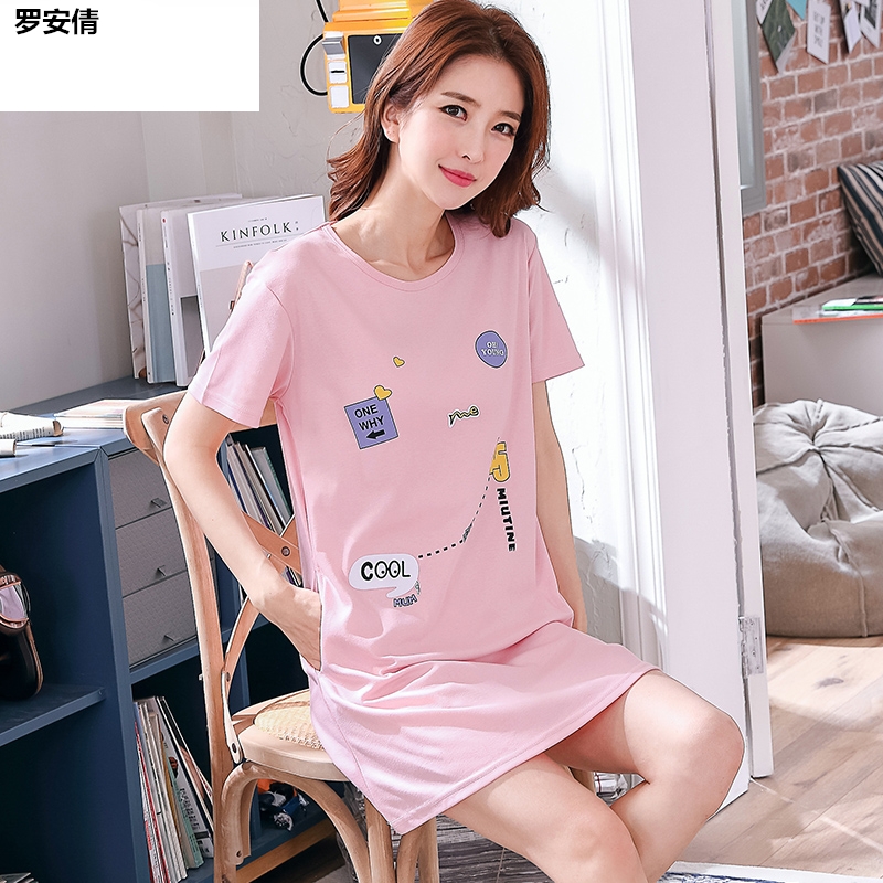 Mùa hè phụ nữ váy cotton ngủ bông dễ thương phụ nữ pajama symmy mùa hè ngắn tay giữa váy Hàn Quốc phiên bản phim hoạt hình lỏng lẻo về nhà quần áo.