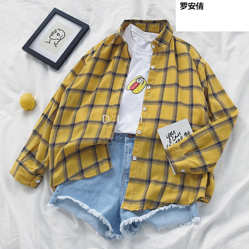 ve áo tươi nhỏ loose-fitting đơn hàng nút xuống áo sơ mi kẻ sọc áo phụ nữ 2019 mùa thu Hàn Quốc phiên bản của gió học viện