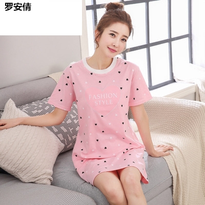 Mùa hè phụ nữ váy cotton ngủ bông dễ thương phụ nữ pajama symmy mùa hè ngắn tay giữa váy Hàn Quốc phiên bản phim hoạt hình lỏng lẻo về nhà quần áo.