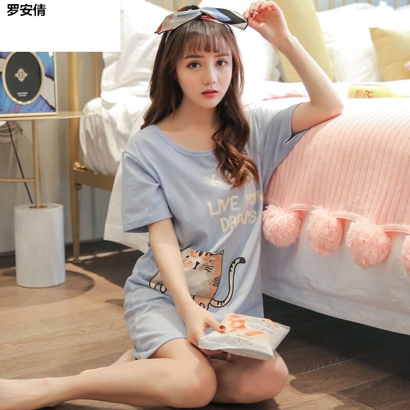 Bộ đồ ngủ mùa hè nữ sinh Han phiên bản dễ thương loose-code mùa hè ngắn tay bộ đồ ngủ cotton.