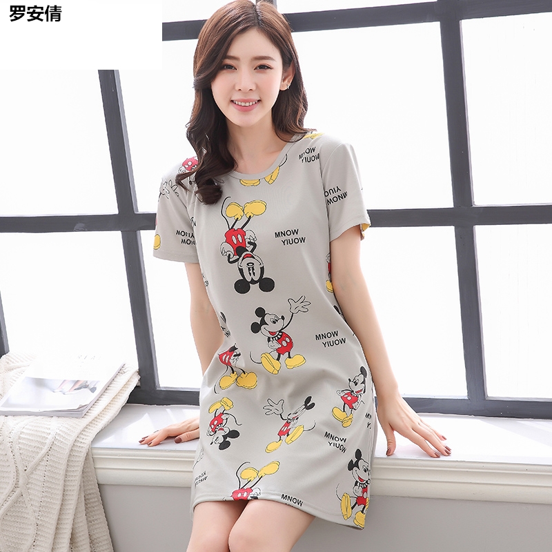 Mùa hè phụ nữ váy cotton ngủ bông dễ thương phụ nữ pajama symmy mùa hè ngắn tay giữa váy Hàn Quốc phiên bản phim hoạt hình lỏng lẻo về nhà quần áo.