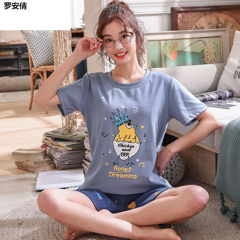 Pajama womens quần short cotton mùa hè thiết lập phiên bản Hàn Quốc dễ thương phim hoạt hình lớn quần áo đang nhà mùa hè hai mảnh bộ.