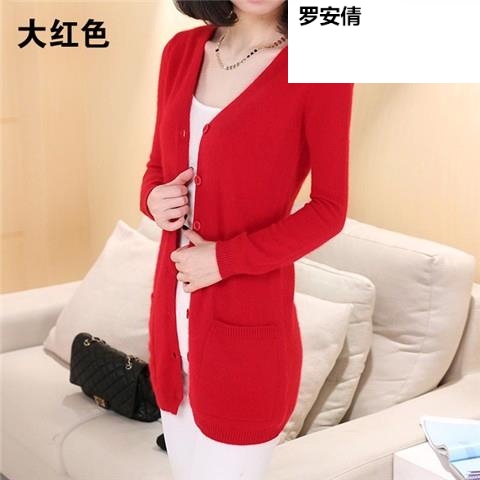 Mùa xuân và mùa thu gà mỏng cổ tim cardigan bên ngoài áo khoác dài mở ngực phụ nữ áo len của mặc một chiếc nhíp bên ngoài một cặp H