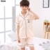 Pyjama trẻ em lụa băng bé trai ngắn tay mùa hè junior học sinh trung học ở cậu bé lụa cũ quần áo nhà mỏng. 