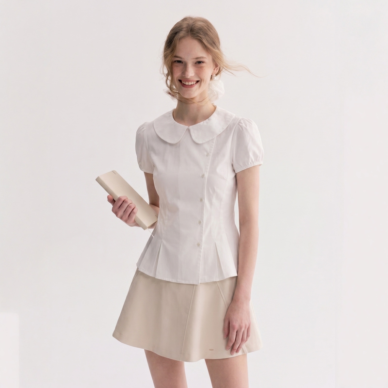 Aunp'First Love White Shirt' White Doll Collar Puff Sleeve Shirt for Women, Summer Preppy Style Pleated Waist Short-Sleeve Top Aunp'First Love White Shirt' White Doll Collar Puff Sleeve Shirt for Women, Summer Preppy Style Pleated Waist Short-Sleeve Top