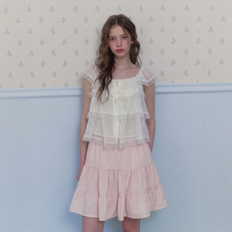 Aunp'Soft Mist Milk White' French-Style White Lace Chiffon Short-Sleeved Shirt for Women, Summer Ballet Style Small Flutter-Sleeve Babydoll Shirt