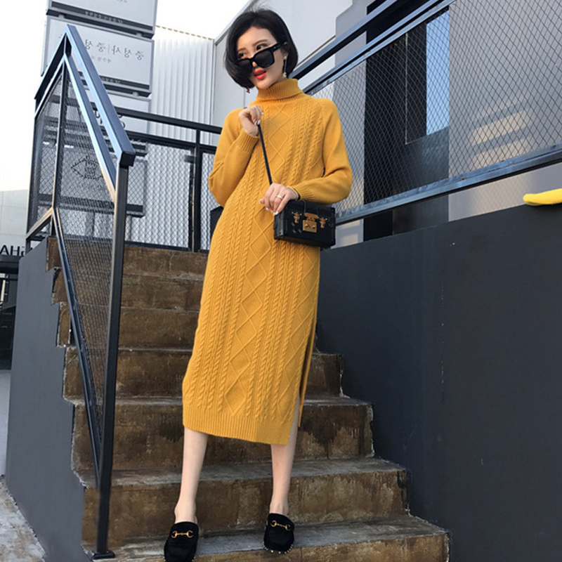 Small man with knee knit dress female in autumn and winter lazy wind long crossed high-collar sweater