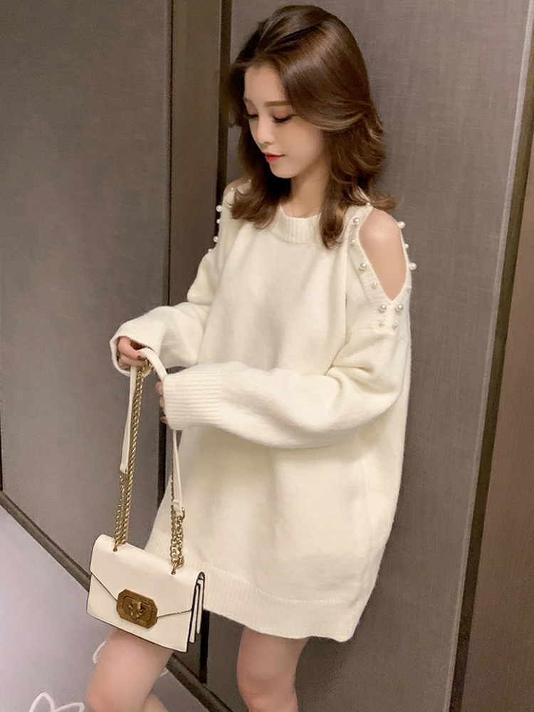 Loose LAZY WIND MEDIUM LONG VERSION SEXY DEW SHOULDER KNIT FOREIGN DRESS LADY AUTUMN WINTER SMALL CROWD DESIGN SWEATER OUTWEAR WAVE