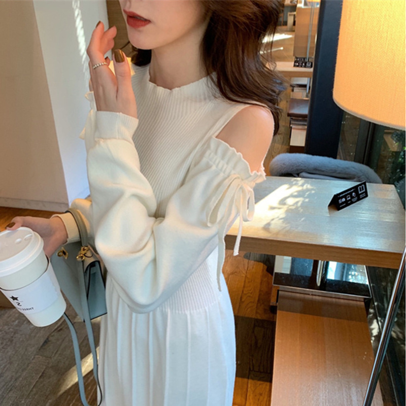 Women's autumn and winter sexy off-the-shoulder mid-length over-the-knee bottoming sweater dress