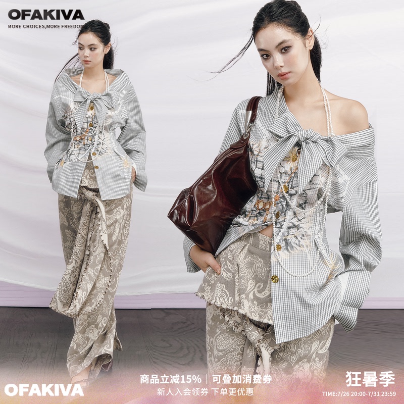 Ofakiva'Intimate Relationship' Retro Vintage Money Print Shirt Women's Plaid Shirt