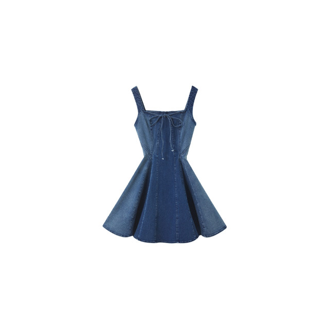 OfAkiva Proportional Slit Waist Washed Denim Dress Women's High Waist Sleeveless Umbrella Skirt