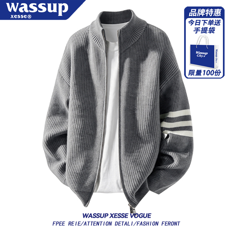American Casual Zip-Up Stand Collar Cardigan Sweater Jacket for Men and Women, Spring and Autumn, Loose and Versatile, Thick Knit Top