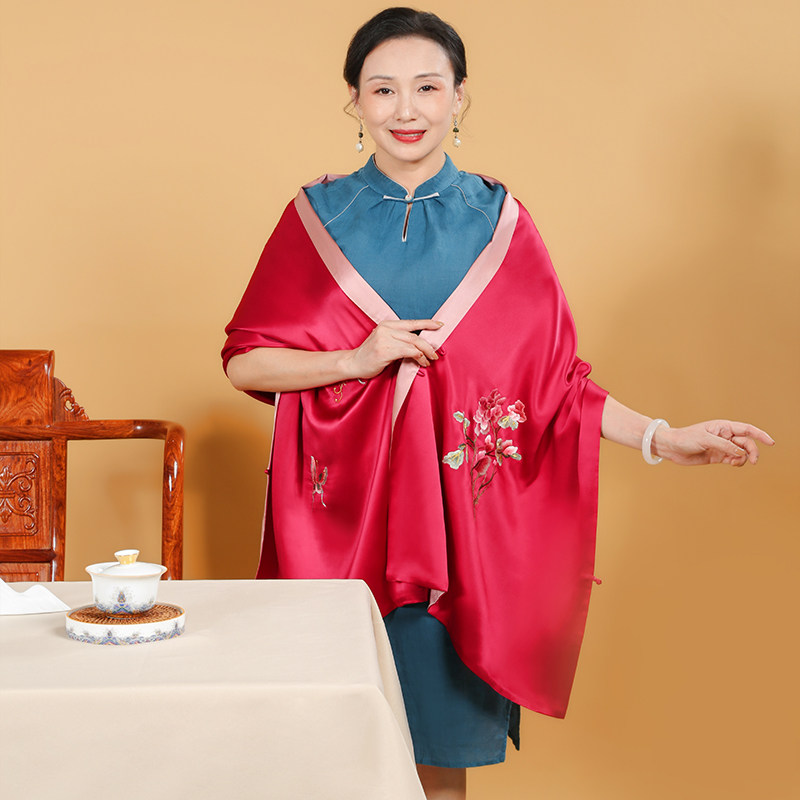 Peony orchid silk embroidery plate buckle wine red shawl mulberry silk scarf middle-aged and elderly silk scarf cheongsam with Su embroidery