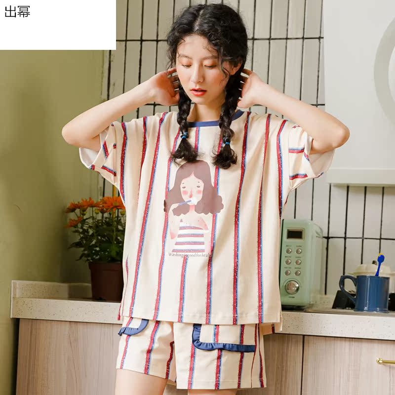 Pajama cô gái mùa hè mỏng ngắn tay sinh viên bông nhà quần áo công chúa gió ngọt ngào dễ thương cô gái hai mảnh bộ mùa hè.