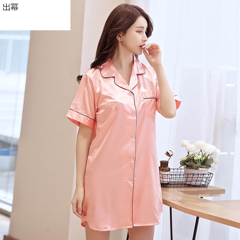 . Pajama nút áo sơ mi theo phong cách sinh viên lụa bầu trời băng trong dài tay áo sơ mi lụa mùa hè đồ ngủ mỏng mùa xuân và mùa hè lớn.