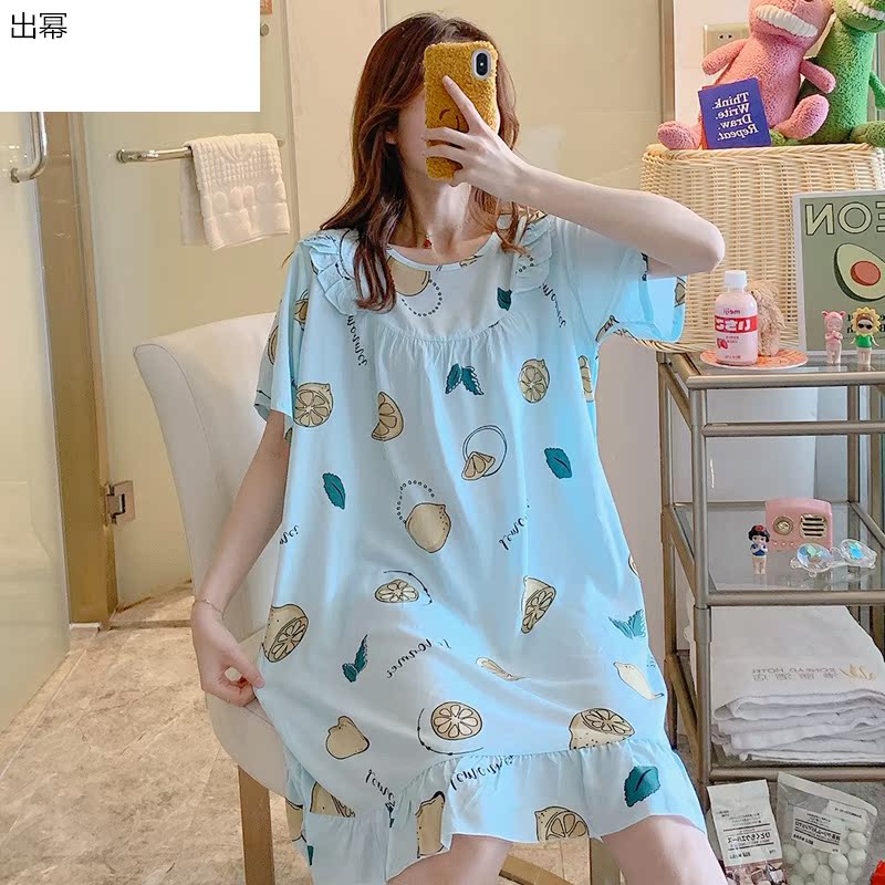 Bộ đồ ngủ womens mùa hè mỏng lụa bông dài vừa bông nhân tạo váy kích thước chất béo lỏng lớn MM ngắn tay lụa nhà quần áo.