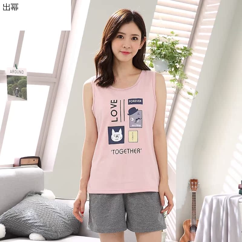 .Vest pajama symn quần short mùa hè Hàn Quốc phiên bản của mùa hè mỏng không tay quần short phù hợp với gia đình hai mảnh bộ lỏng lẻo.