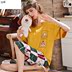 Summer womens ngắn tay bông bảy điểm quần đồ ngủ mùa hè bông giản dị dễ thương bộ mùa hè có thể mặc bộ đồ ngủ bên ngoài. 