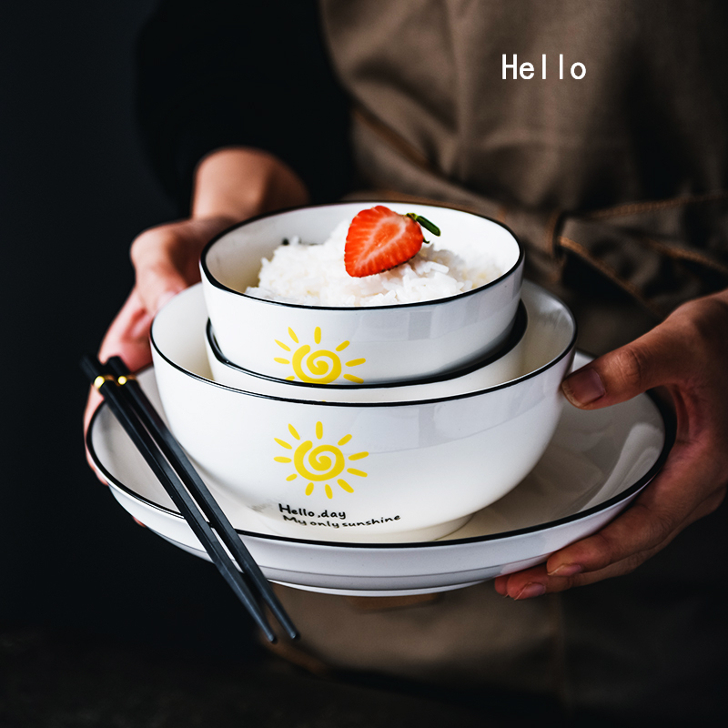 Nordic Ceramic One-Person Dining Bowl and Plate Set, High-End Household Combination Set for 2 People, Bowl and Chopsticks for 4 People, Creative and Personalized Tableware Bowls and Plates