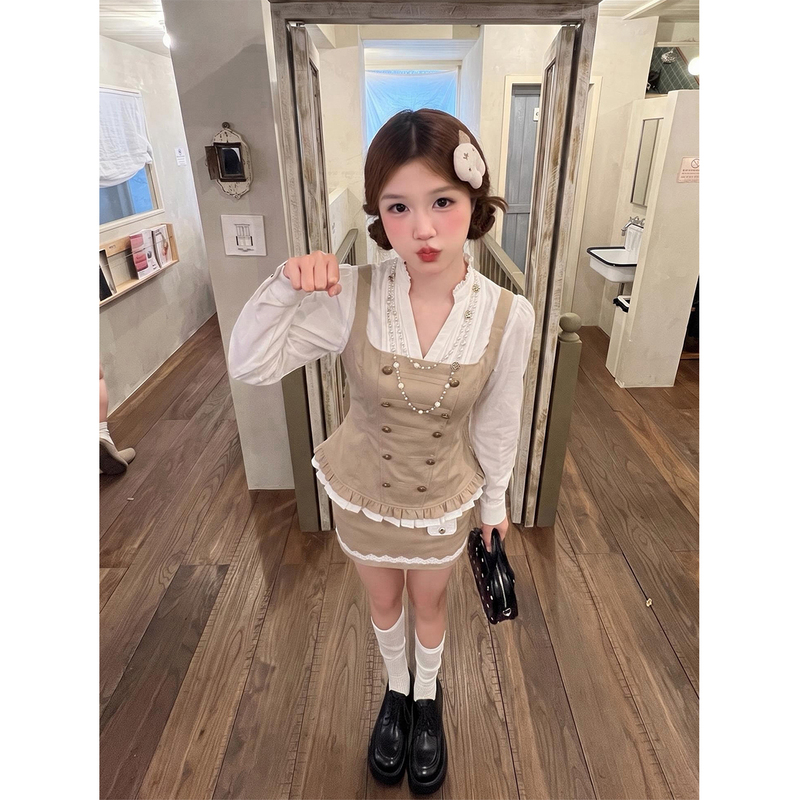 Korean Style Outfit Complete Set Early Autumn Autumn Outfit for Women Khaki Color Fake Two-Piece Top and Half Skirt Two-Piece Set Korean Style Outfit Complete Set Early Autumn Autumn Outfit for Women Khaki Color Fake Two-Piece Top and Half Skirt Two-Piece Set