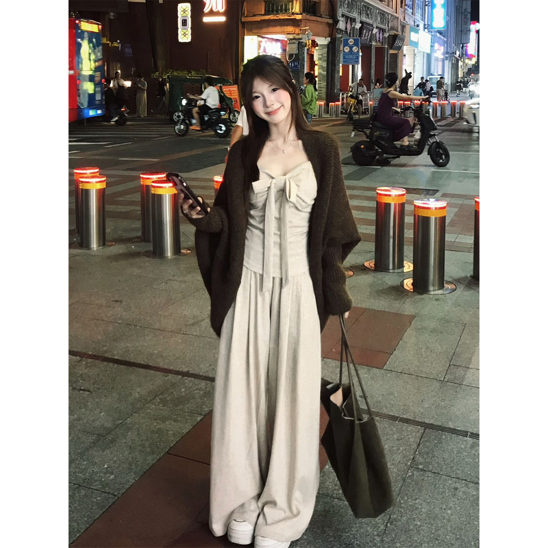 Early Autumn Korean Style Outfit, a Complete Autumn Suit for Women, Knitted Cardigan, Camisole, Wide-Leg Long Pants, Three-Piece Set