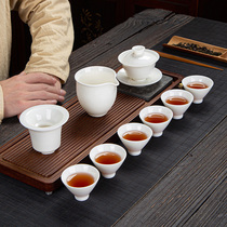 Dehua sheep fat Jade porcelain cover bowl set Jade Porcelain Kung Fu tea set Household tea art simple three-cai bowl teacup