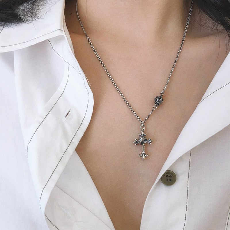 s925 silver custom cross necklace sweater chain female retro autumn and winter simple crown light luxury niche ins tide