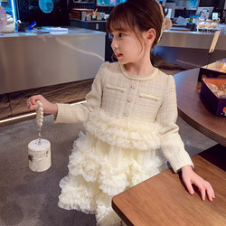 Girls' Small Fragrant Dress Spring & Fall 2025 New Style Girl Mesh Splicing Long-Sleeved Princess Cake Skirt