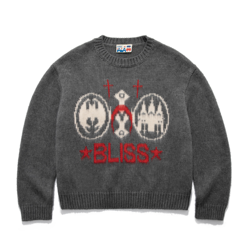 Luckup Archive Retro Letter Round Neck Wool Blend Knitwear Unisex Gray Pullover Sweater