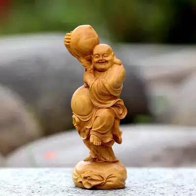 New boxwood carving laughter Buddha statue living room solid wood ornaments carving craft gifts decoration ornaments holding Peach Maitreya Buddha
