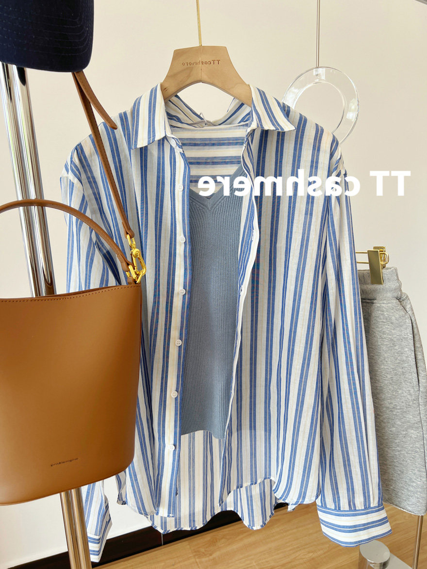 Fação Blue Striped Sunscreen Shirt Woman Summer Pure Cotton Thin style High sense loose Thin Lining Coat-Taobao