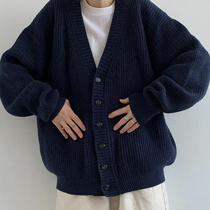 Dark Blue V Collar Loose Knit Cardiovert Sweater Jacket Woman 2022 New Winter Thickened Retro Day Ensemble