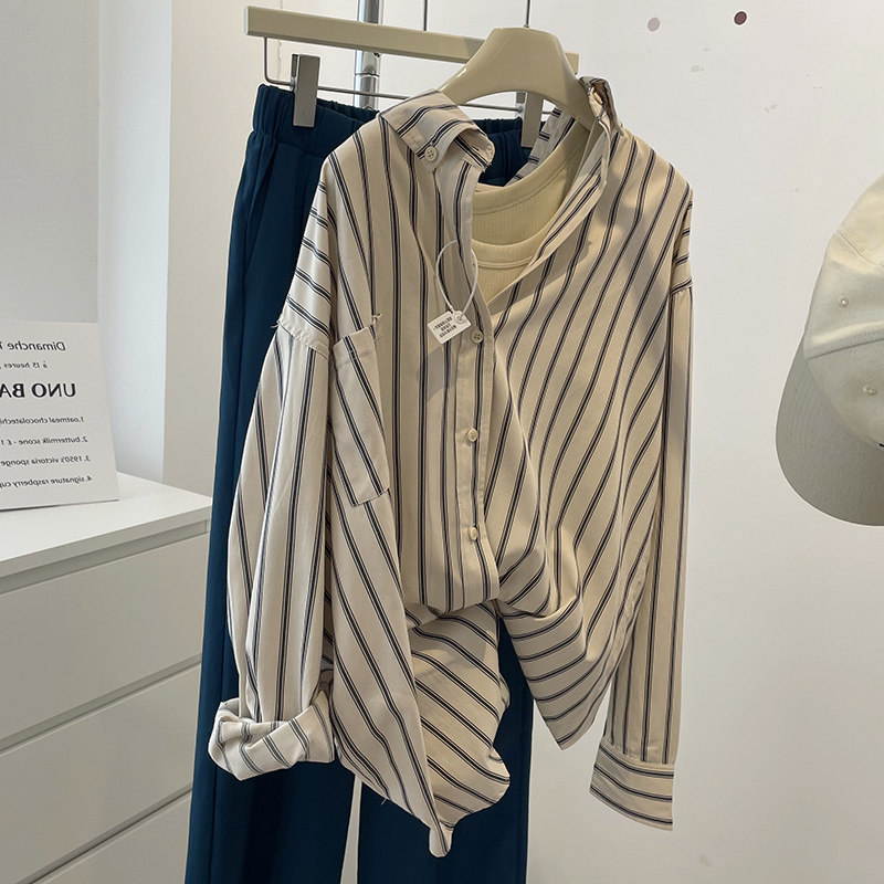 Fação Retro Striped Shirt Woman Summer Design Sensation small crowdsourced pure cotton Don't touch loose Thin Lining Coat-Taobao