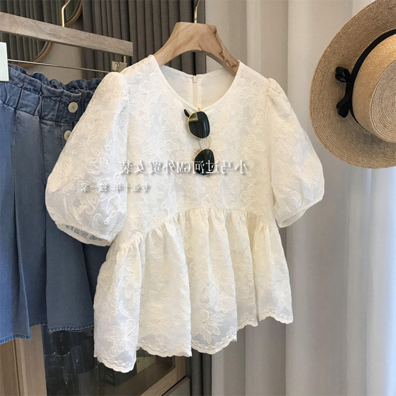 Small Fragrance style Temperament Name Yuan Lace Short Sleeve Shirt Woman Summer Bubble Sleeves Fairy's Little Doll Blouse Blouse-Taobao