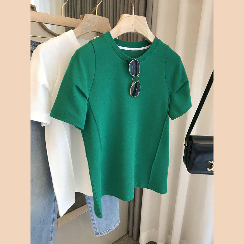Fa-style retro positive shoulder pure cotton green short sleeve t-shirt woman Shins Chains tide Europe station Leisure clear pure sweet short blouses-Taobao