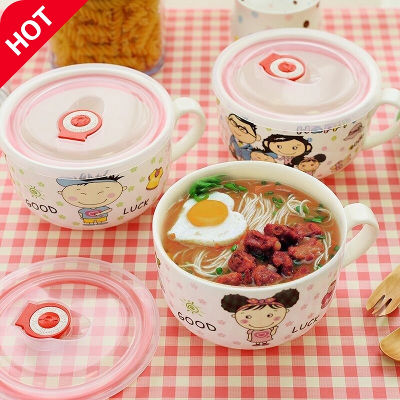 Bowl with handle with handle Children's day Ceramic Soup Noodle Bowl Cute Home Cartoon Bubble Noodle cup with lid 