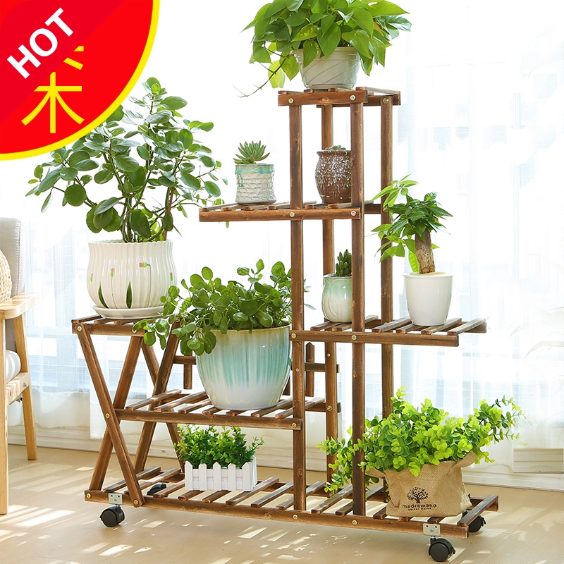 Solid wood flower rack Balcony living room floor multi-layer gold gerbera flower pot rack Floor-to-ceiling wooden flower rack Indoor