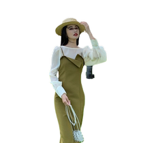 French Irregular Suspender Dress for Women 2021 New Autumn Ladys Waist Slimming Long Bottoming Dress for Small People