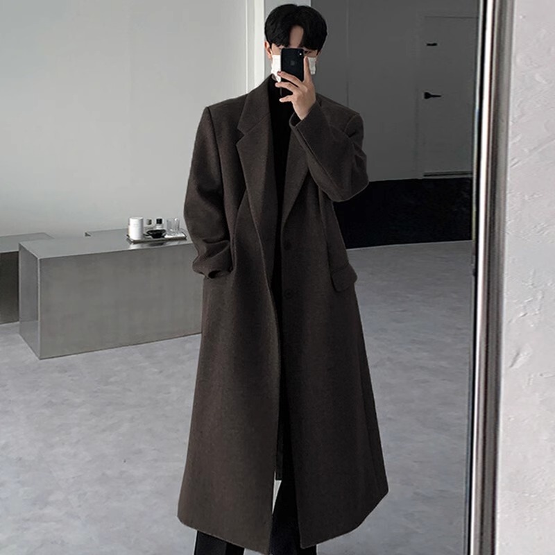 High-End Spring and Autumn Woolen Coat for Men, Knee-Length, Mid-Length, British Style, Shoulder-Padded, Casual Woolen Trench Coat, Trendy High-End Spring and Autumn Woolen Coat for Men, Knee-Length, Mid-Length, British Style, Shoulder-Padded, Casual Woolen Trench Coat, Trendy