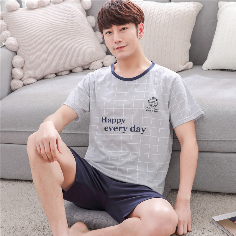 Mens đồ ngủ mùa hè bông ngắn tay mùa hè mens trẻ vest quần short cotton phù hợp với gia đình cộng với kích thước.