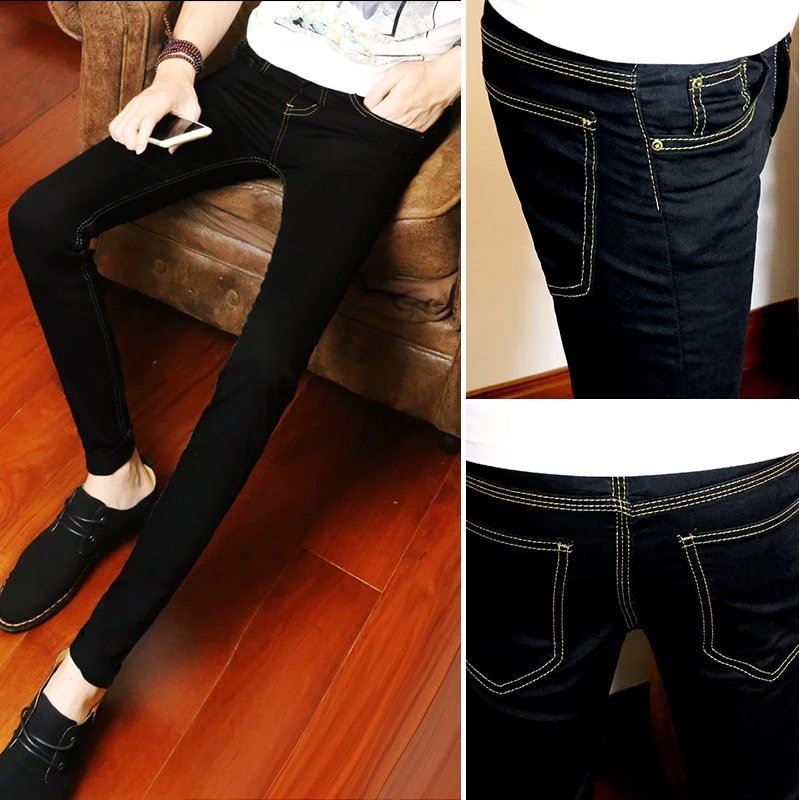 Xuân / Hè Black Stretch quần jean nam Tight ít quần Slim Slim dài quần jean nam.