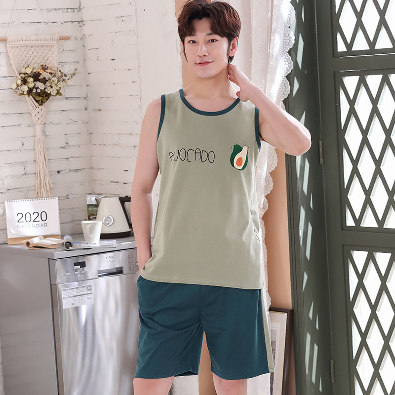 quần short vest không tay bông đồ ngủ mens mùa hè mens quần áo nhà mùa xuân và mùa hè bộ mùa hè cộng với mã bông mỏng.