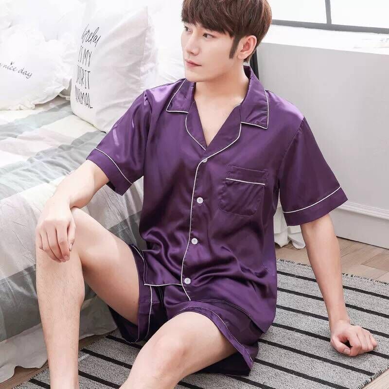 Mùa xuân và mùa thu đồ ngủ mens lụa quần ngắn tay hai mảnh lụa bộ băng mỏng cardigan nhà váy mùa xuân và phù hợp với mùa hè.