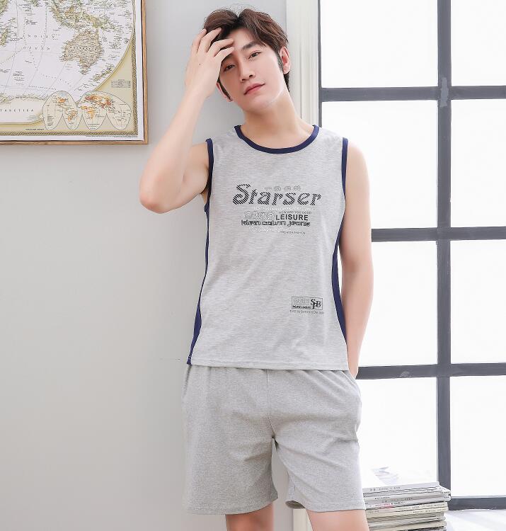 Mens đồ ngủ mùa hè bông ngắn tay mùa hè mens trẻ vest quần short cotton phù hợp với gia đình cộng với kích thước.