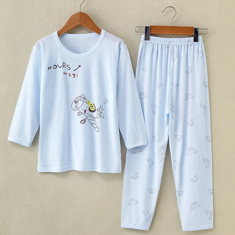 Childrens pajama set mùa hè sợi mỏng tre dài tay điều hòa không khí quần áo bé trai quần áo nhà trai và chàng trai trẻ trung niên.