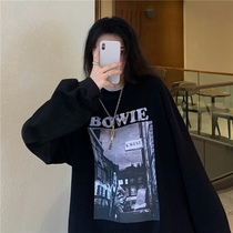 Black American retro sweater womens spring and autumn thin section loose bf lazy wind capless oversize high street jacket trend