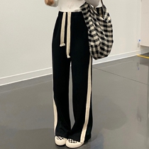 Striped casual sports pants womens 2021 new spring and autumn high waist drawstring loose wide leg pants high street ins tide