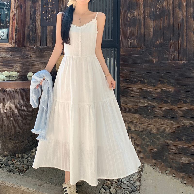 White Spaghetti Strap Dress, New Summer Style, Jacquard Embroidery, White Moonlight Spaghetti Strap Dress, Sweet Forest Girl Fairy Style Long Dress