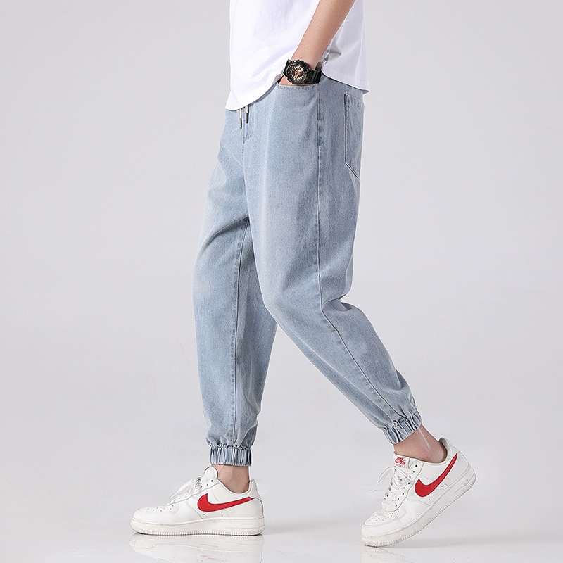 Quần jean nam Binding feet Loose Summer Plus Size Quần xu hướng Hàn Quốc cho nam Fat Harlan Solid Color 9 Nine Quần - Quần jean