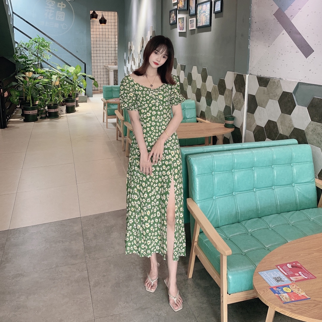 德帕拉收腰性感连衣裙,法式气质开叉长款连衣裙